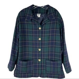 Vintage blue green plaid wool preppy classic academia button jacket 14